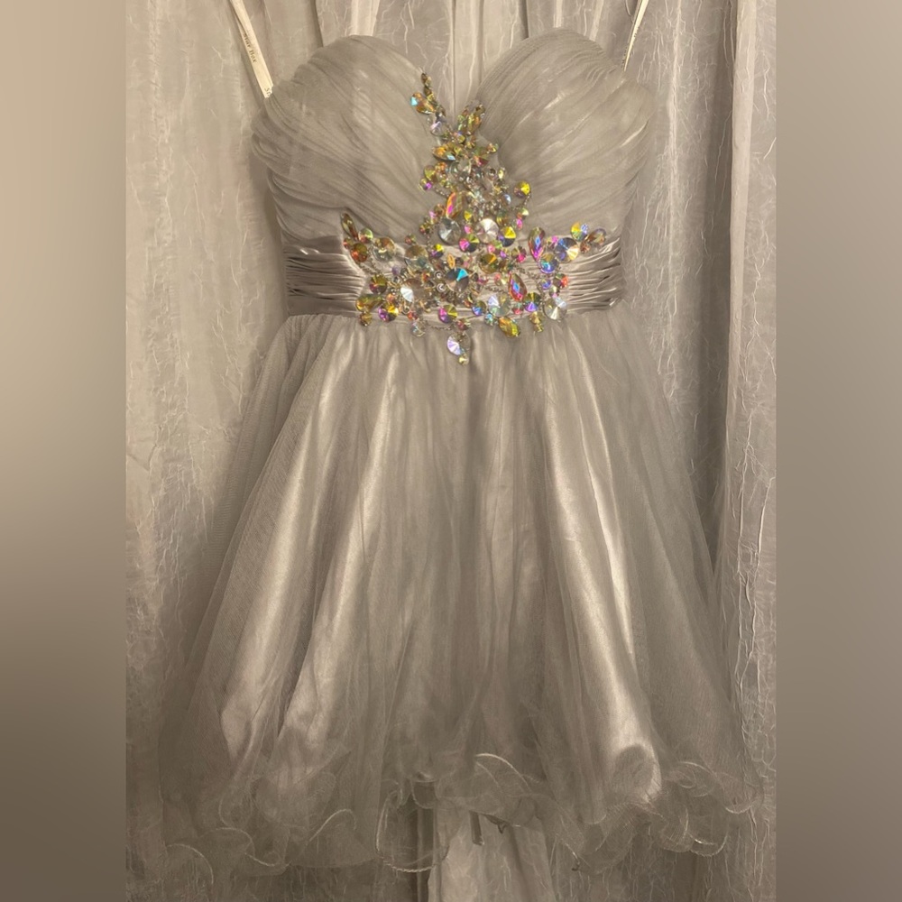 Ladies XL Formal Short silver beaded tule dress